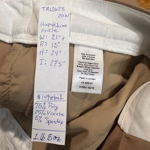 TALBOTS HAMPSHIRE STRAIGHT ANKLE PANT - CURVY FIT Sz 20W Tan Rattan $149 retail - Picture 12 of 12